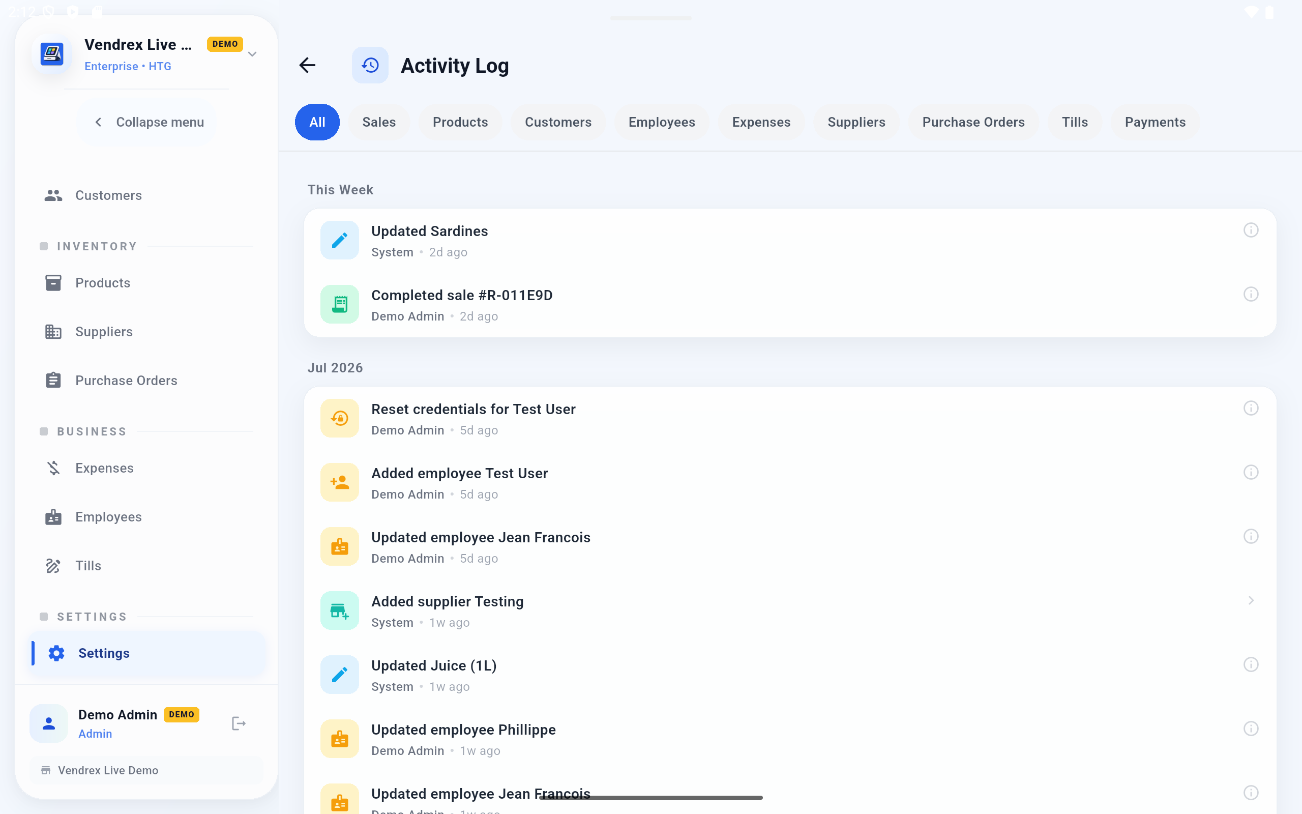 Vendrex activity log showing staff actions with timestamps and details