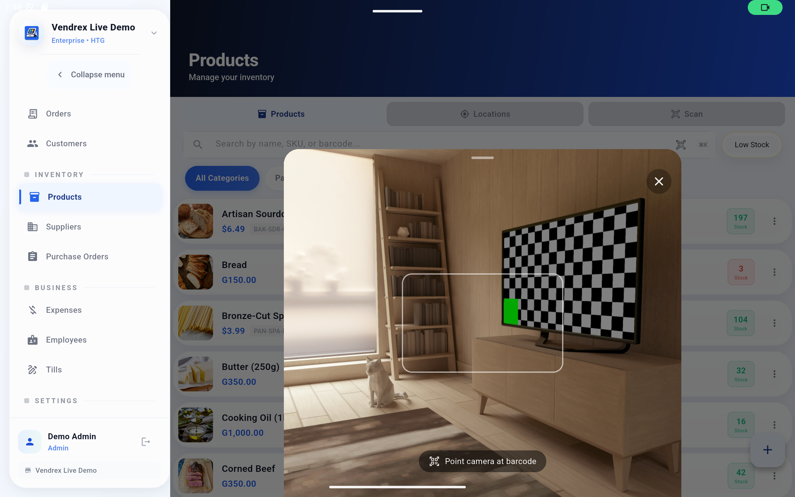 Vendrex barcode scanning screen showing product lookup