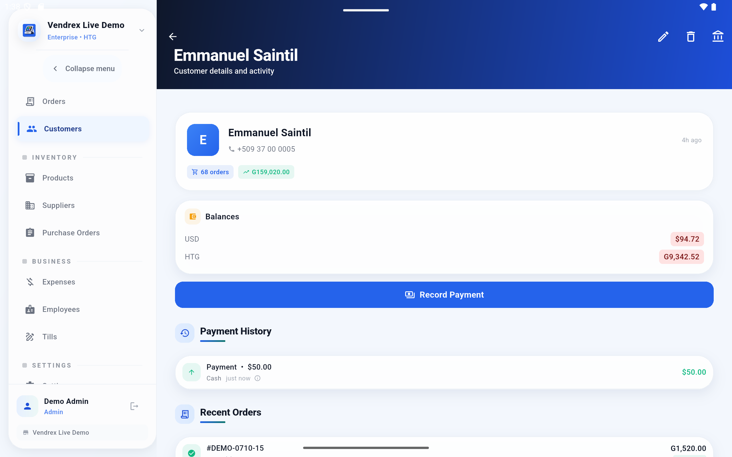 Vendrex customer profile with balance and history