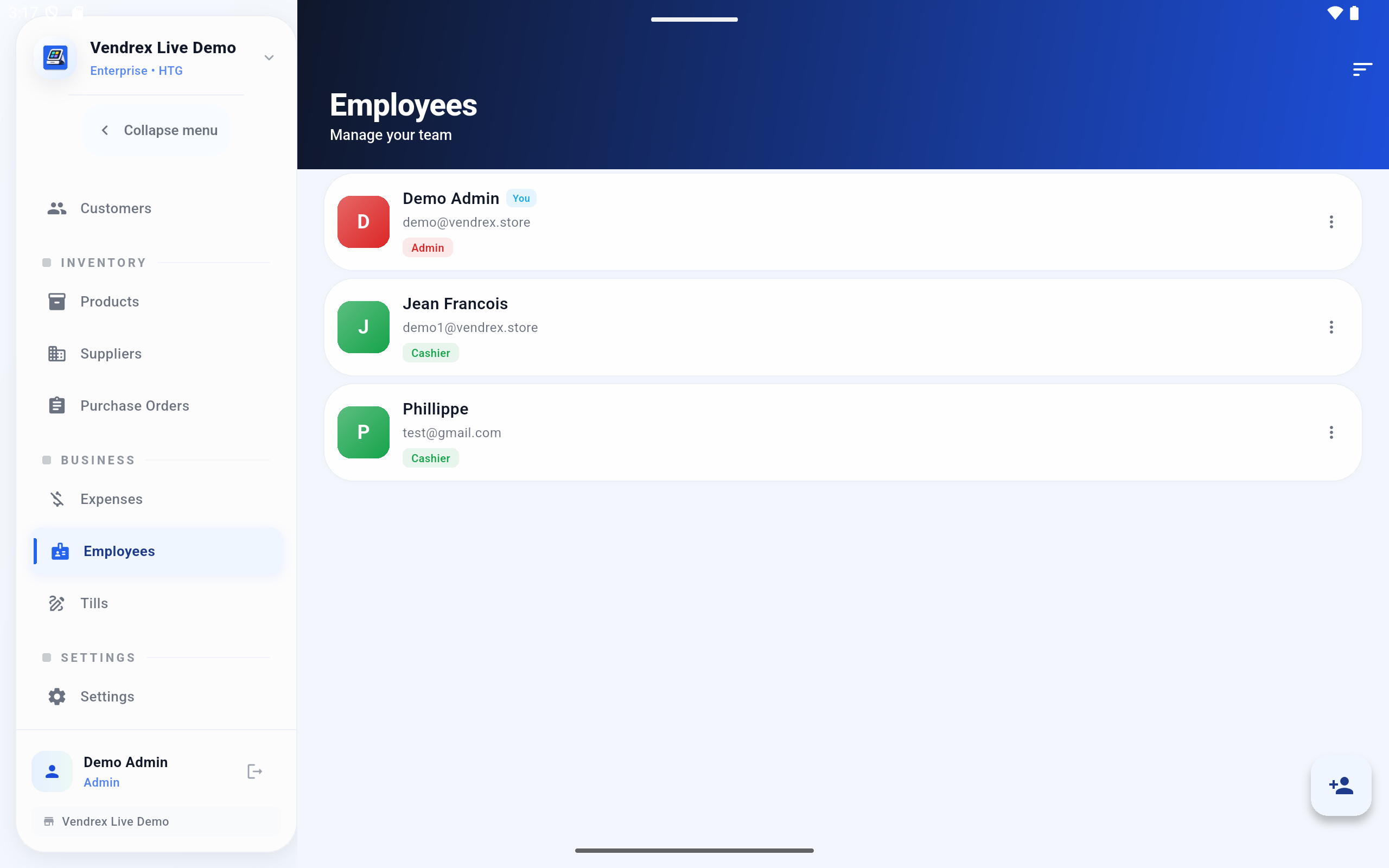 Vendrex employee management with roles and shifts