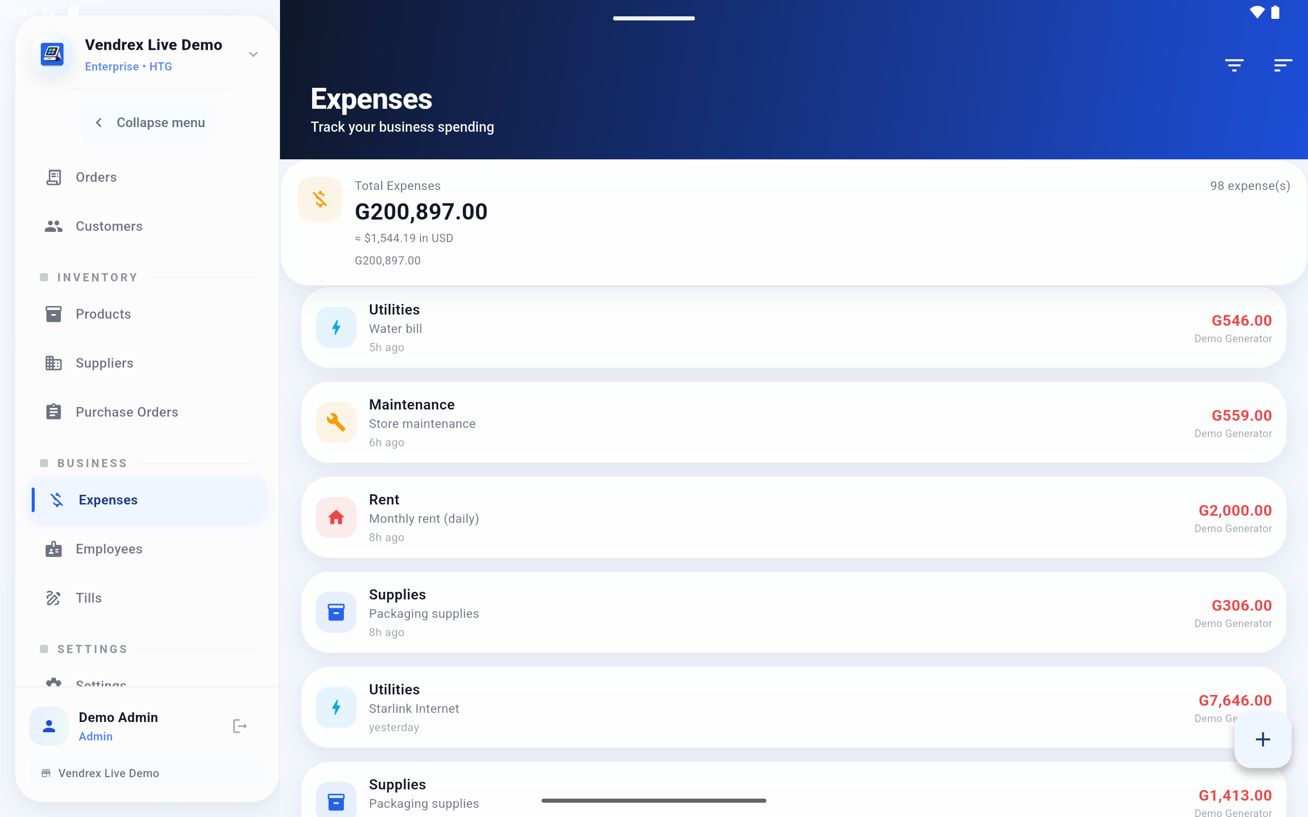 Vendrex expense tracking screen with categories