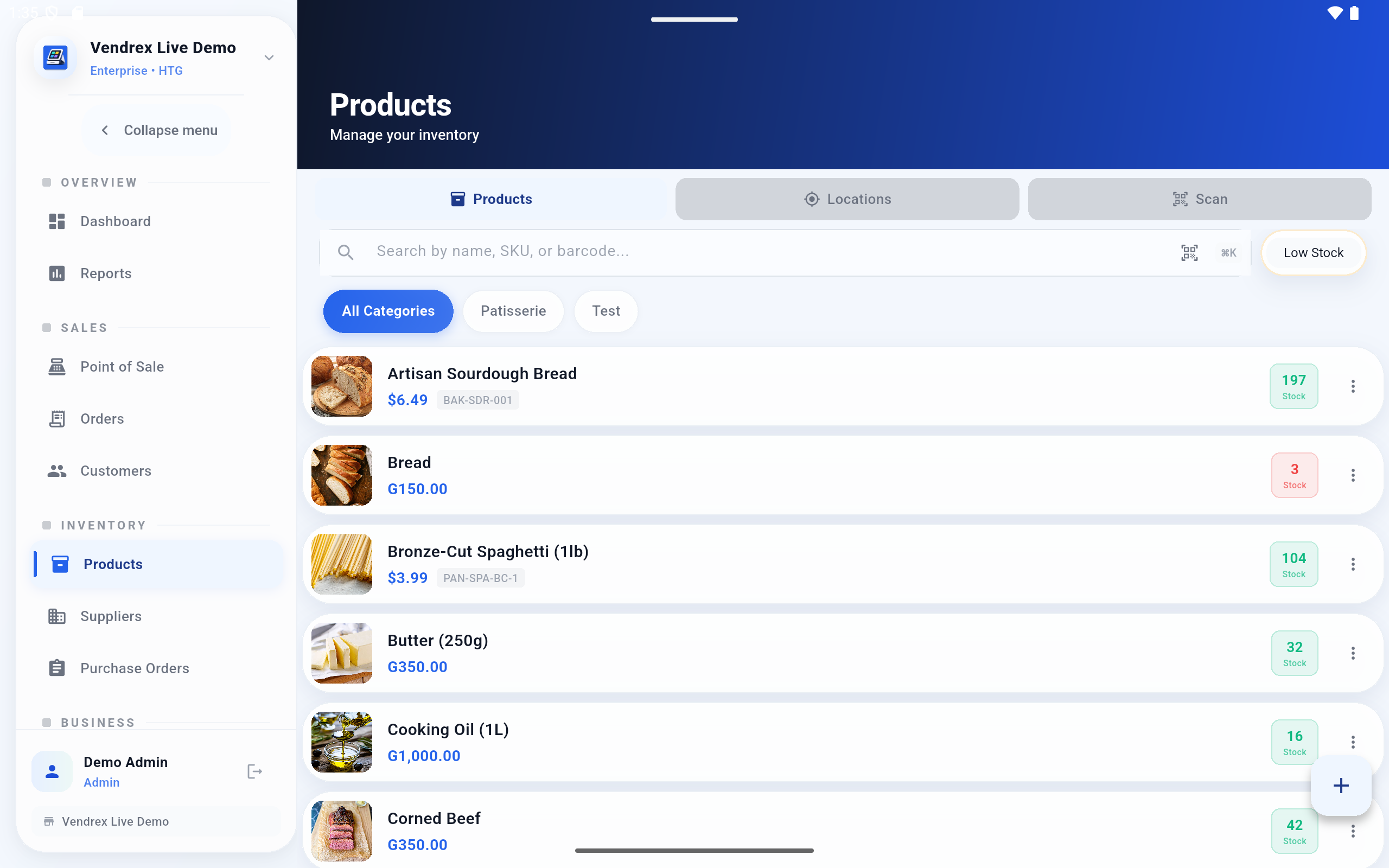 Vendrex inventory management product list