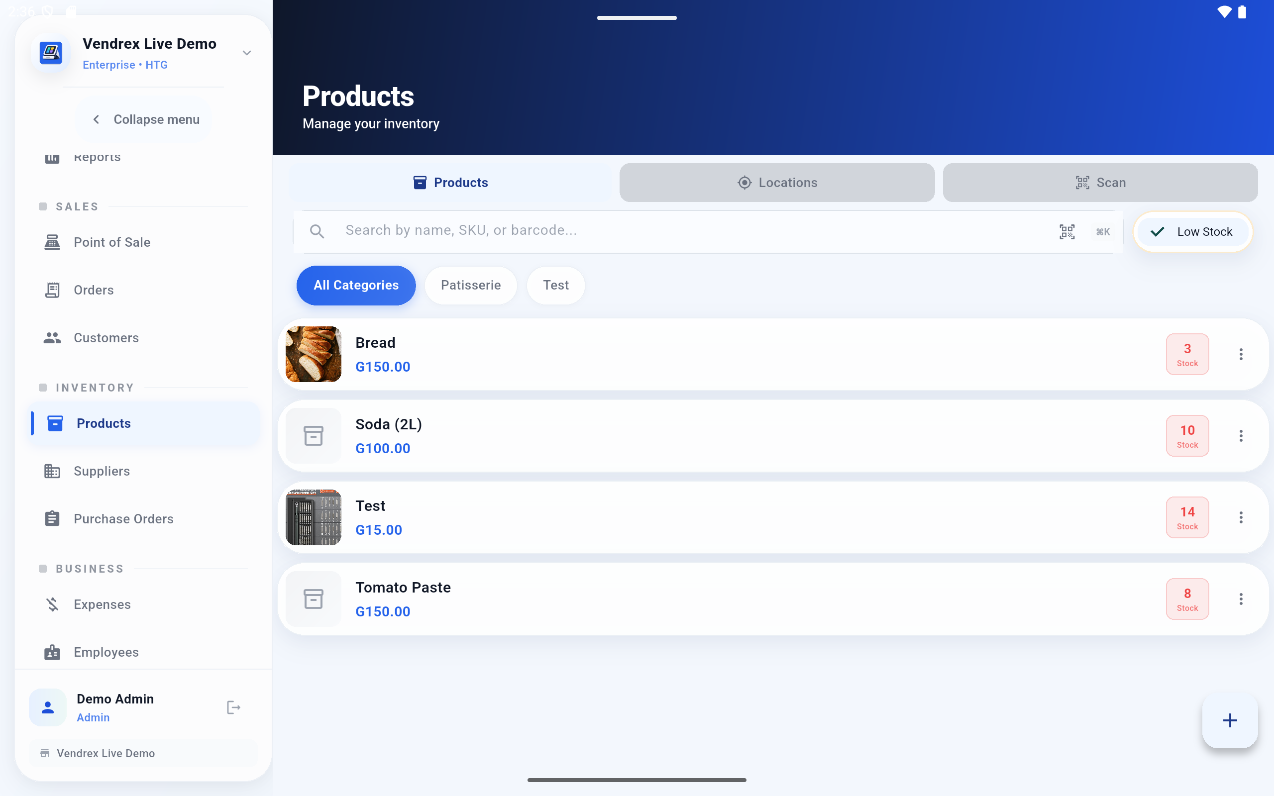 Vendrex low stock alerts and reorder screen