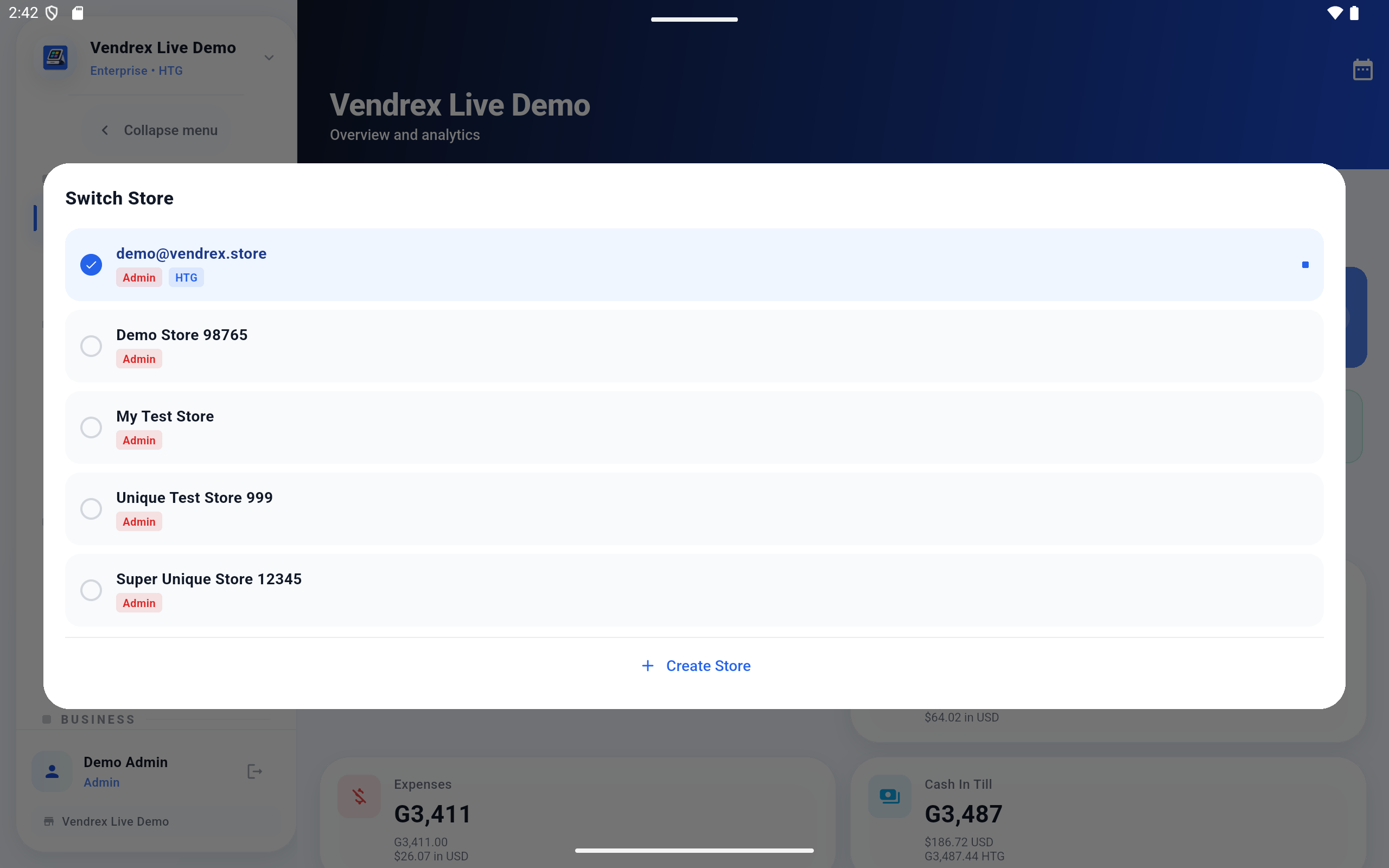 Vendrex multi-store management dashboard