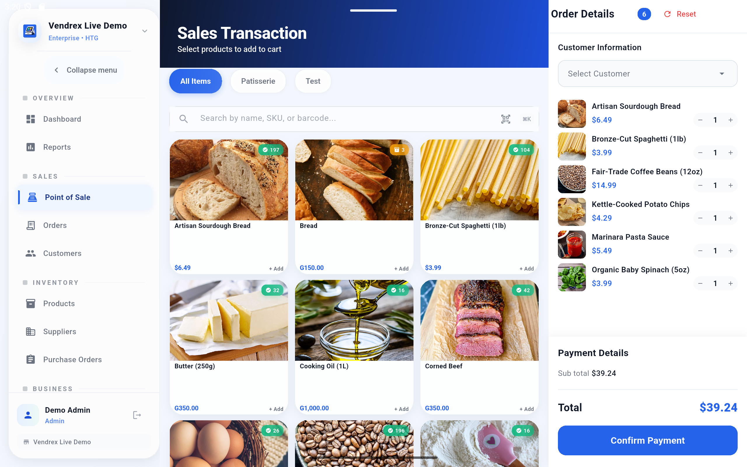 Vendrex point of sale checkout interface