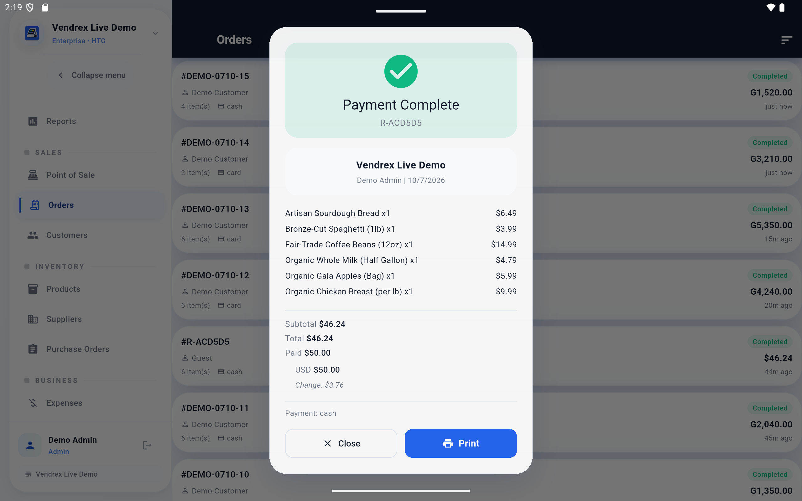 Vendrex receipt preview and print screen