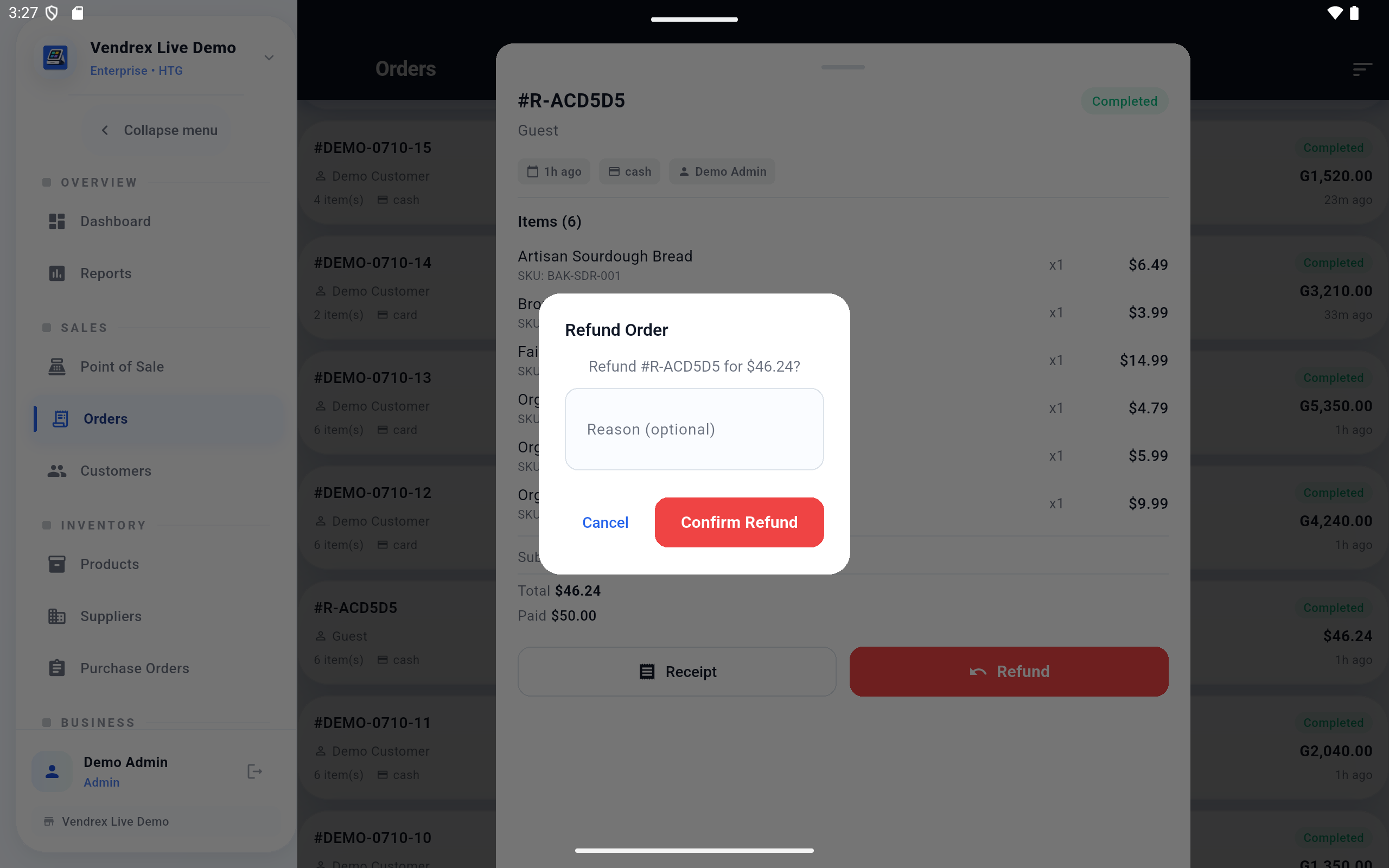 Vendrex refund processing screen