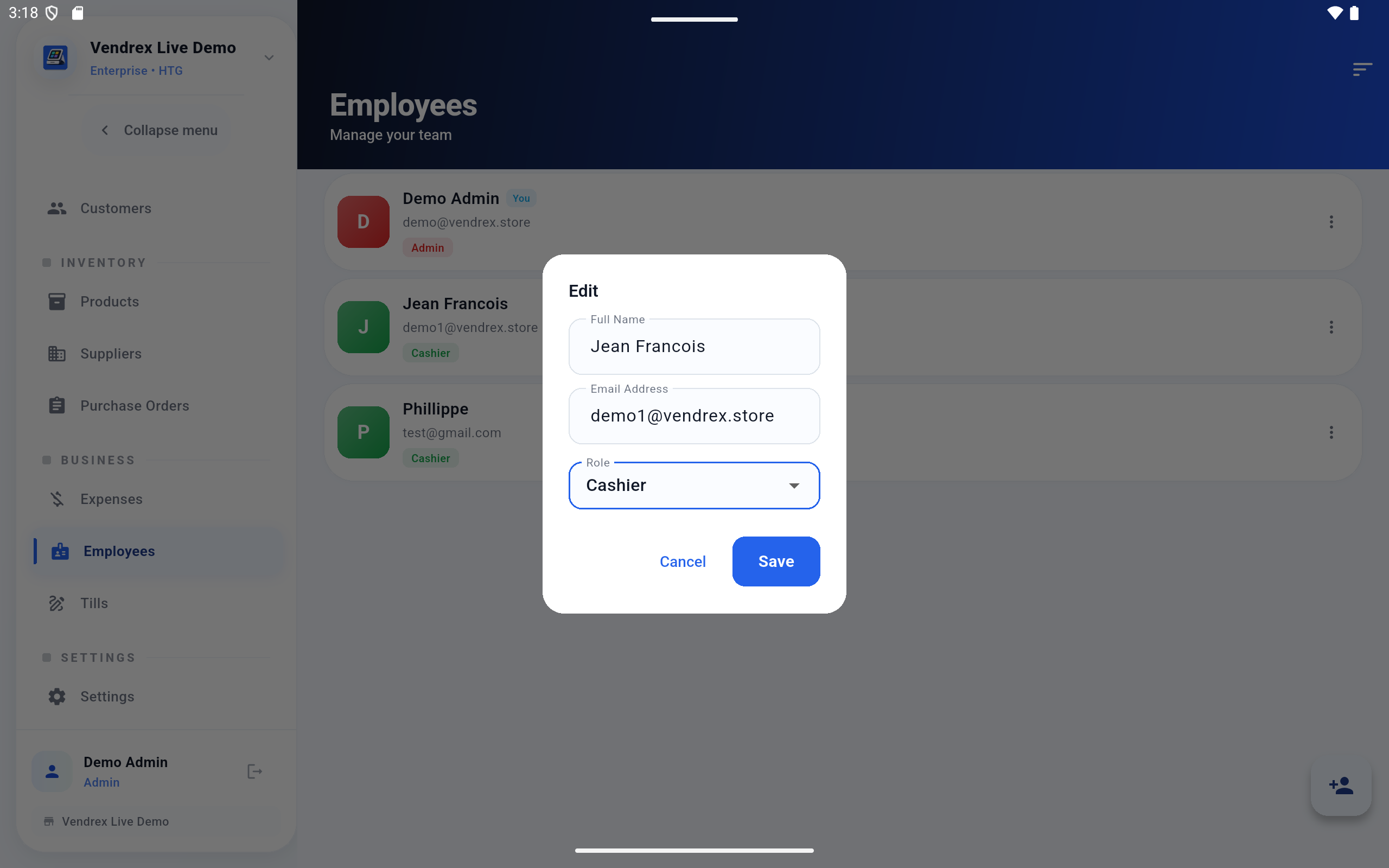 Vendrex role-based permissions settings